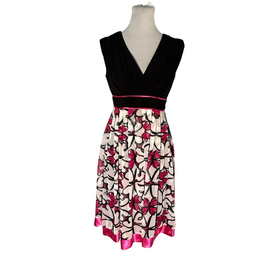 Dressbarn Black, White & Pink Floral Sleeveless Empire Waist Lined Dress Size 4